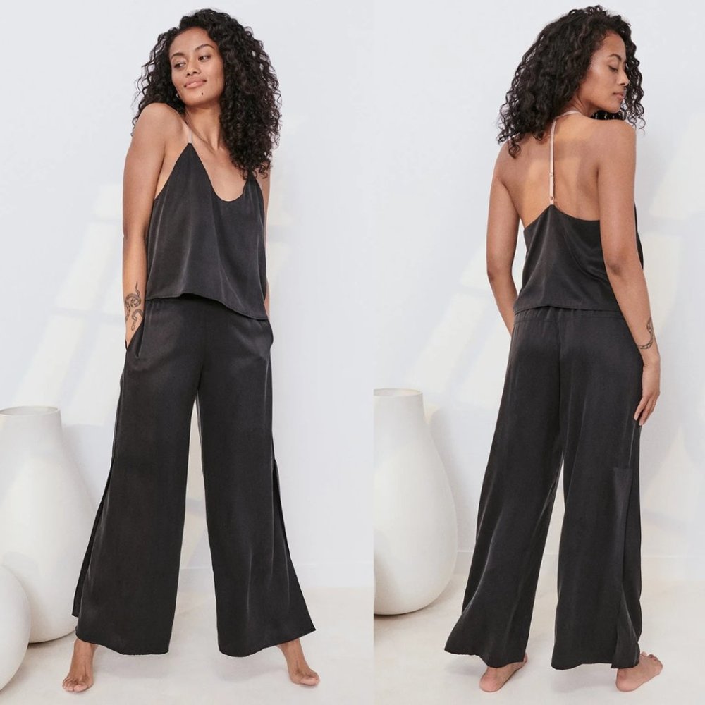 Lunya Washable Silk Cami Pants Set Sz L in Immersed Black Pajama Sleepwear Set